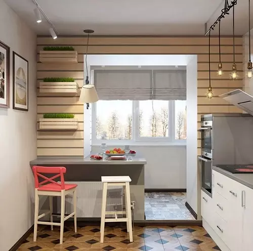Virtuvė kartu su lodžija (98 nuotraukos): asociacijos koordinavimas, sujungti virtuvės svetainę ir įprastą virtuvę su lodžija, dizaino parinktys 9493_10