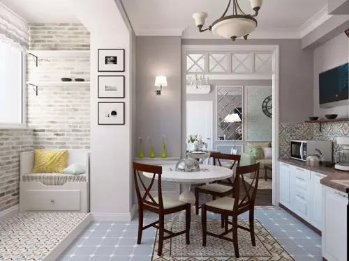 Dapur dikombinasikan dengan Loggia (98 foto): Koordinasi asosiasi, menggabungkan ruang dapur-ruang dan dapur biasa dengan Loggia, opsi desain 9493_70