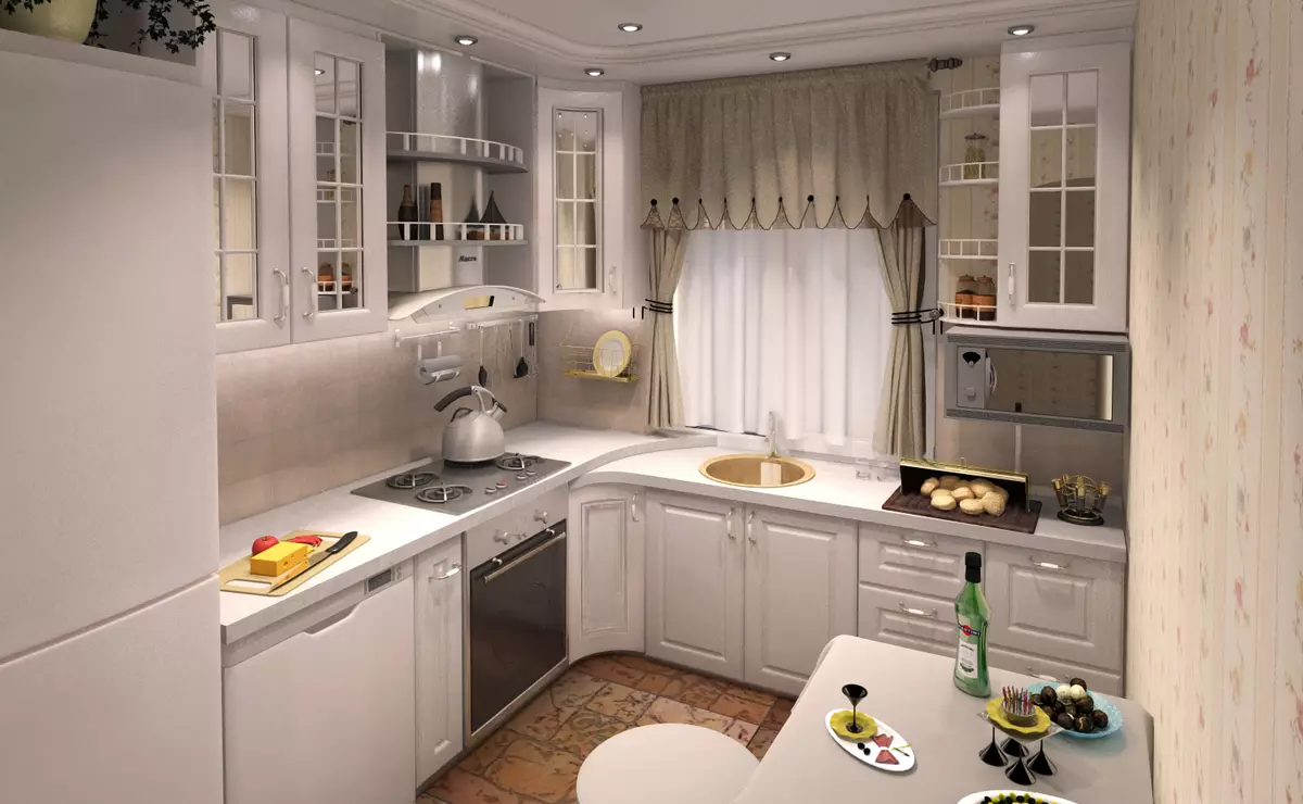 厨房用橱窗洗涤（38张）：窗台的厨房设计在窗台，优点和涉及窗户附近的垫圈。内部的例子 9495_11