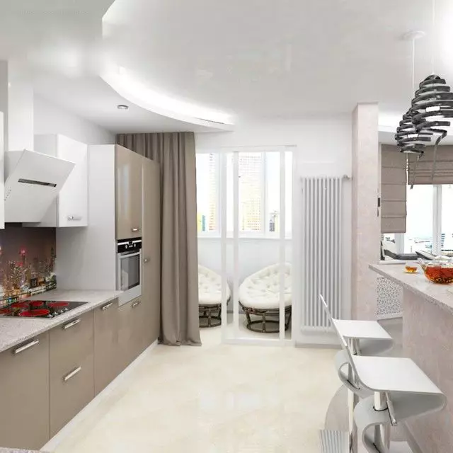 باورچی خانے کے ڈیزائن 12 سپ. ایم. میں بالکنی (47 تصاویر) کے ساتھ: باورچی خانے کے خیالات بالکنی دروازے کے ساتھ 12 مربع میٹر، بالکنی تک رسائی کے ساتھ باورچی خانے کی ترتیب 9498_5