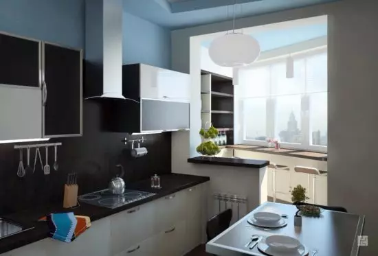 Dapur di loggia (58 gambar): Design Kitchen 3, 4, 6 meter persegi. m dan saiz lain. Bagaimana untuk membuat dapur di loggia dan memindahkannya dengan betul? 9501_19