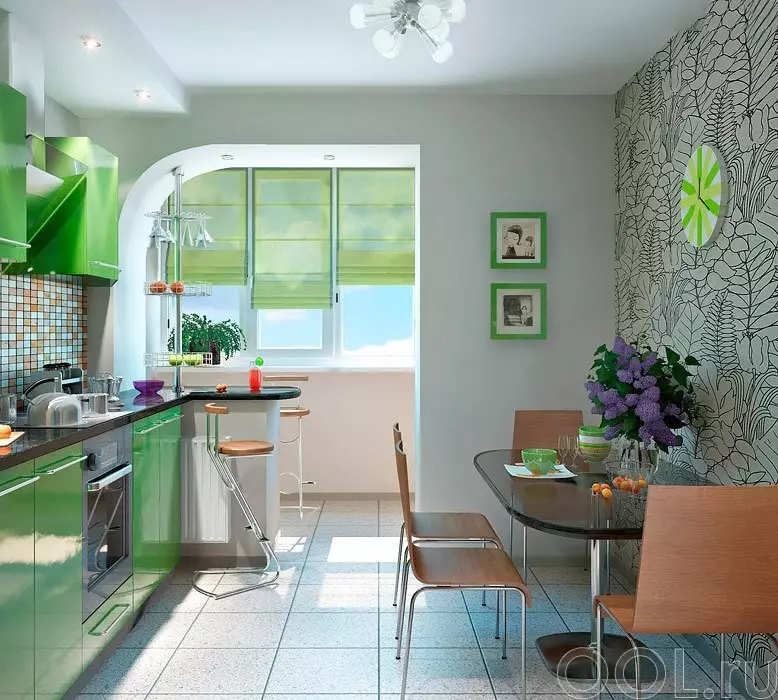 Kitchen konbine avèk yon balkon (76 foto): nou konbine kwizin nan ak yon balkon nan yon kay panèl. Design kwizin konbine avèk yon balkon ak ekspansyon li yo pa repare 9503_73