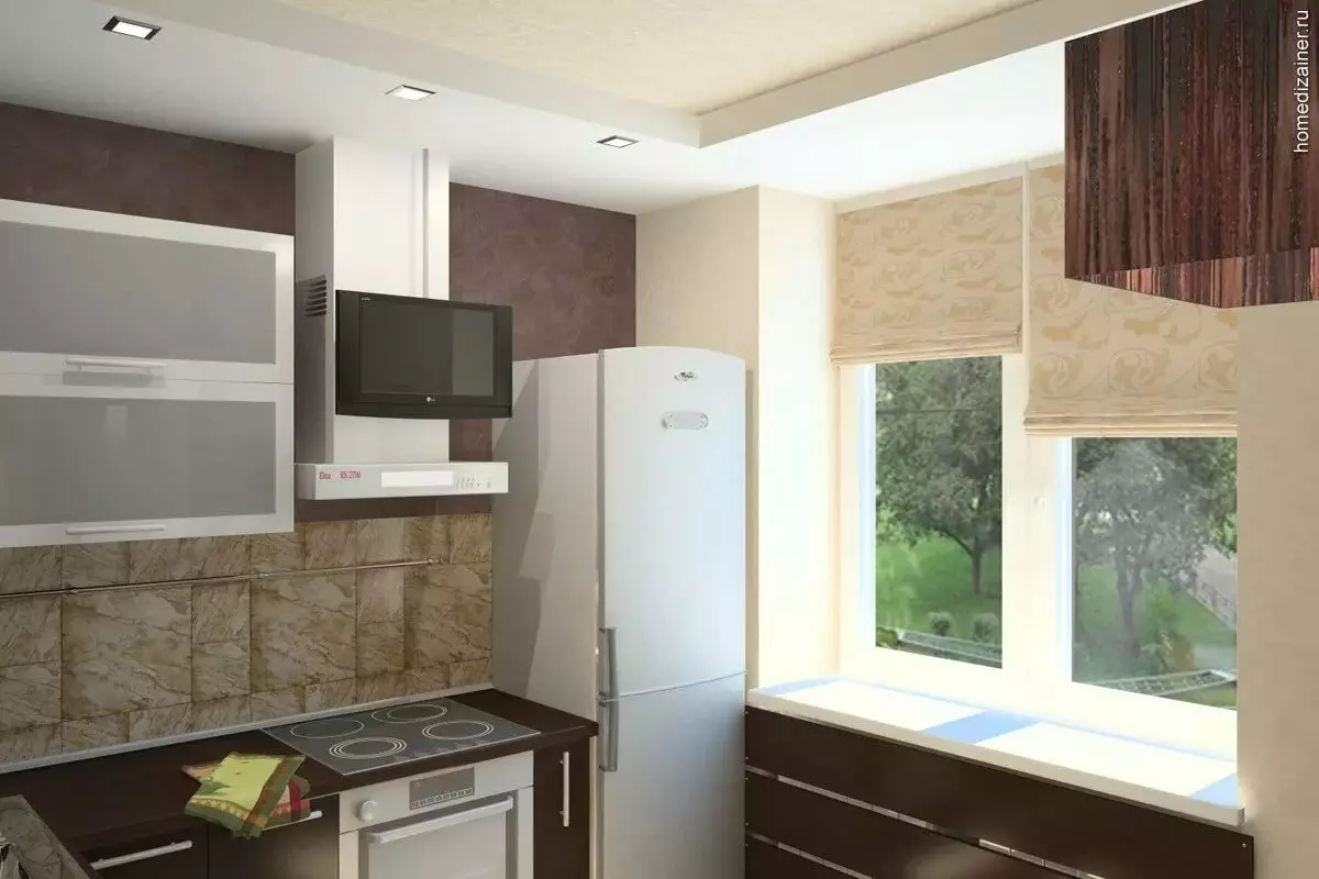 Väikese köögi disain külmkappi (76 fotot): kust külmiku panna? Nurgas ja sisseehitatud köögi kõrvaklapid külmkappi interjööri. Kuidas panna see aknaga ruumi? 9504_10