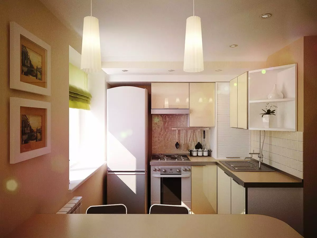 Dizajn malej kuchyne s chladničkou (76 fotografií): Kam naložiť chladničku? Rohové a vstavané kuchynské slúchadlá s chladničkou v interiéri. Ako ho umiestniť do miestnosti s oknom? 9504_17