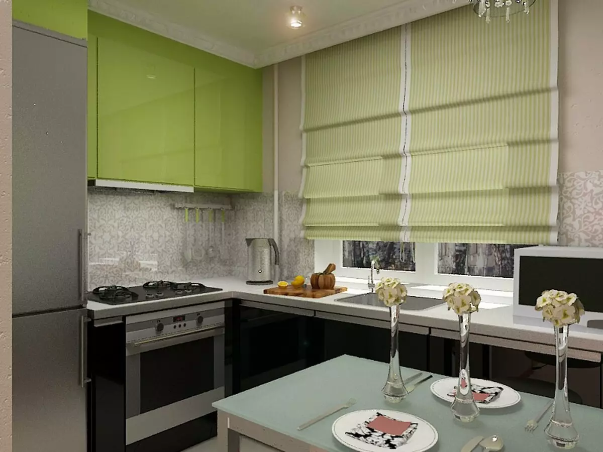 Design de bucătărie mică cu frigider (76 fotografii): Unde să puneți un frigider? Colțurile și căști de bucătărie încorporate cu frigider în interior. Cum să-l plasați în cameră cu o fereastră? 9504_18