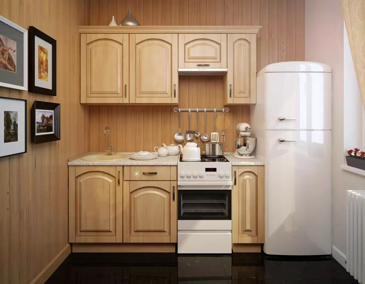 Дизајн мале кухиње са фрижидером (76 фотографија): Где да ставите фрижидер? Угао и уграђене кухињске слушалице са фрижидером у унутрашњости. Како га поставити у собу са прозором? 9504_4