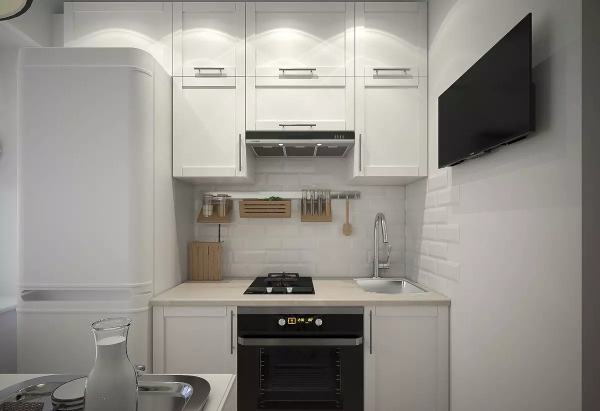 Design de petite cuisine avec réfrigérateur (76 photos): Où mettre un réfrigérateur? Caisses de cuisine coin et intégrées avec réfrigérateur à l'intérieur. Comment le placer dans la chambre avec une fenêtre? 9504_44