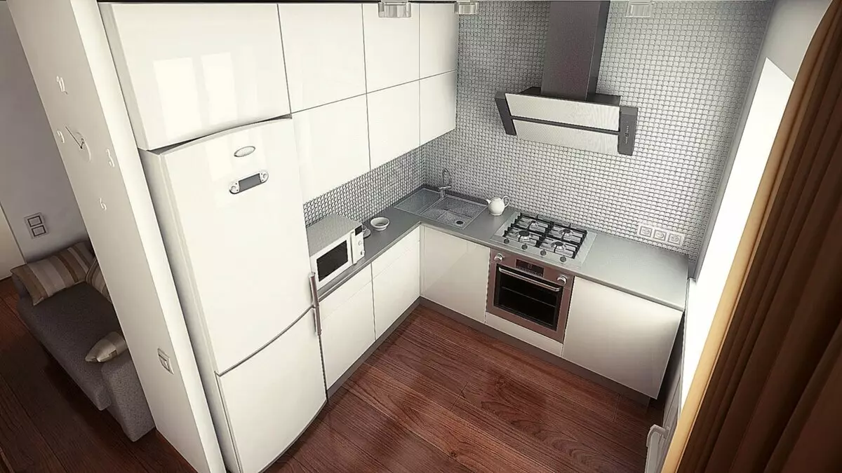 Design av lite kjøkken med kjøleskap (76 bilder): Hvor skal du sette et kjøleskap? Hjørne og innebygde kjøkkenhodetelefoner med kjøleskap i interiøret. Hvordan plasserer du det i rommet med et vindu? 9504_5