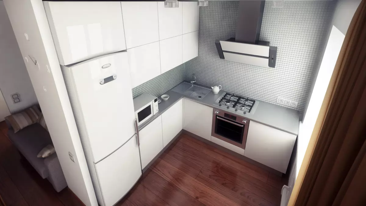 Design de bucătărie mică cu frigider (76 fotografii): Unde să puneți un frigider? Colțurile și căști de bucătărie încorporate cu frigider în interior. Cum să-l plasați în cameră cu o fereastră? 9504_51
