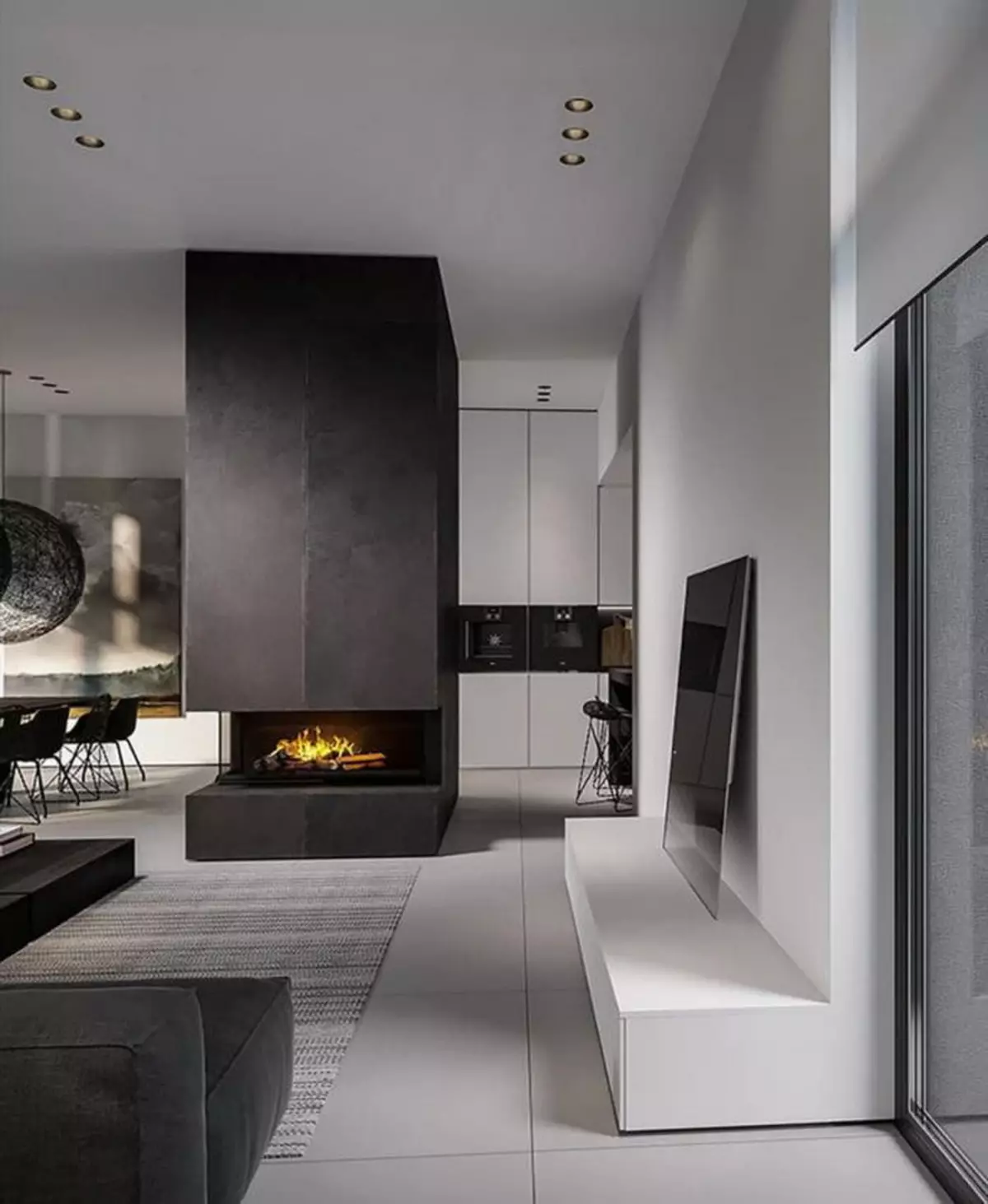キッチンリビングルーム（59枚の写真）：ネオクリス様式の白い光沢のあるキッチンダイニングルーム。アパートとカントリーハウスのための部屋と一緒に組み合わせたキッチンのインテリアデザイン 9507_31