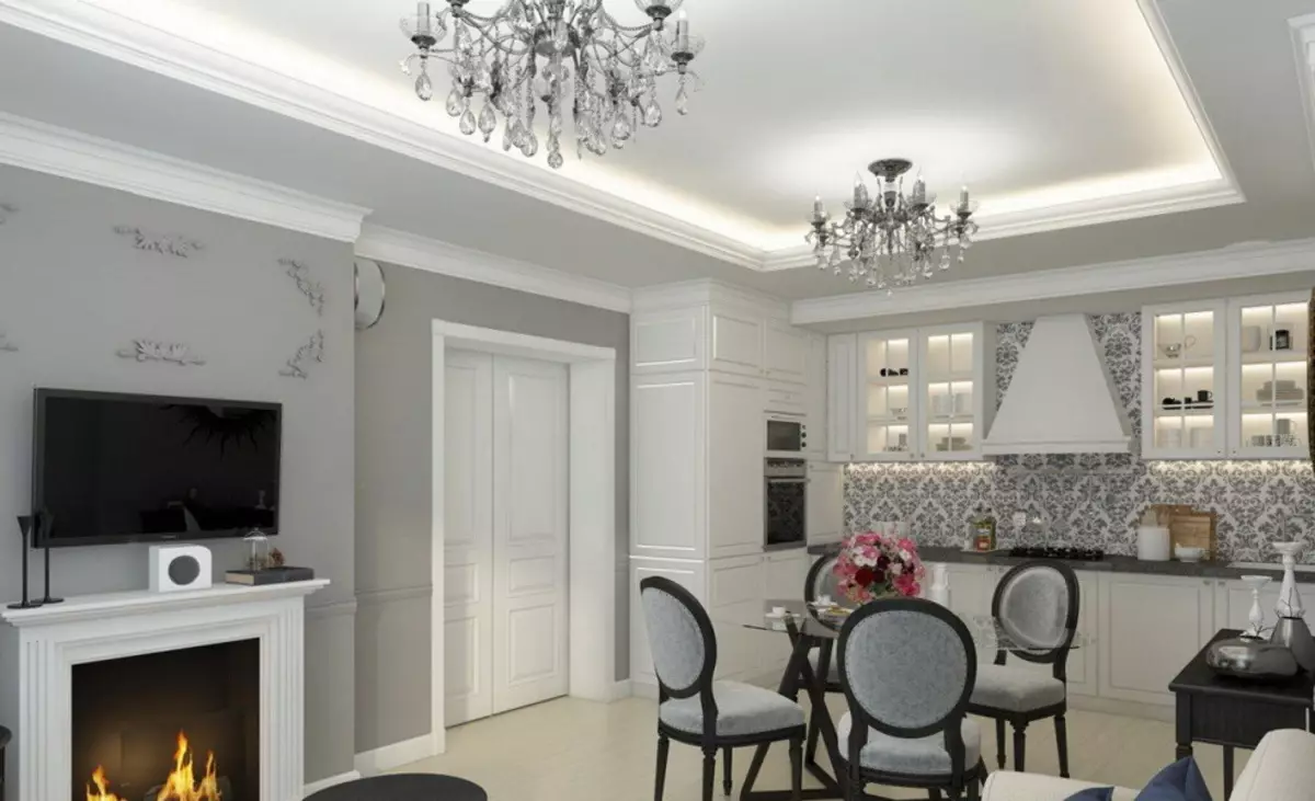 Kök-vardagsrum med öppen spis (59 bilder): Vit glansigt kök-matsal i neoklassisk stil. Inredning av kombinerat kök med plats för lägenhet och hus 9507_48