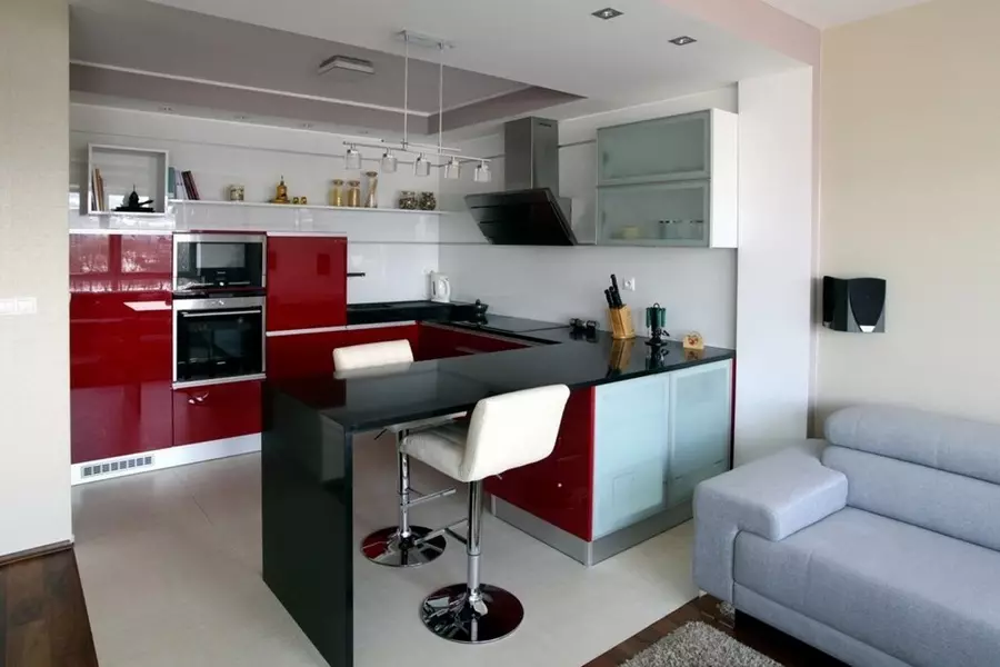 Disain Köök Elutuba 20 ruutmeetrit. M (75 fotot): zoning, sisemiste valikute projektide näited, ühendatud köögi elutoa planeerimine diivaniga 9508_17