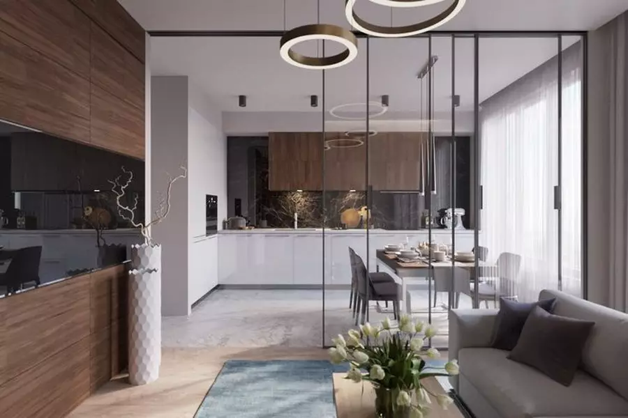 Design kitchen soggiorno 20 metri quadrati. M (75 foto): esempi di progetti con zonizzazione, opzioni interne, sfumature Pianificazione di un soggiorno combinato di cucina con un divano 9508_27