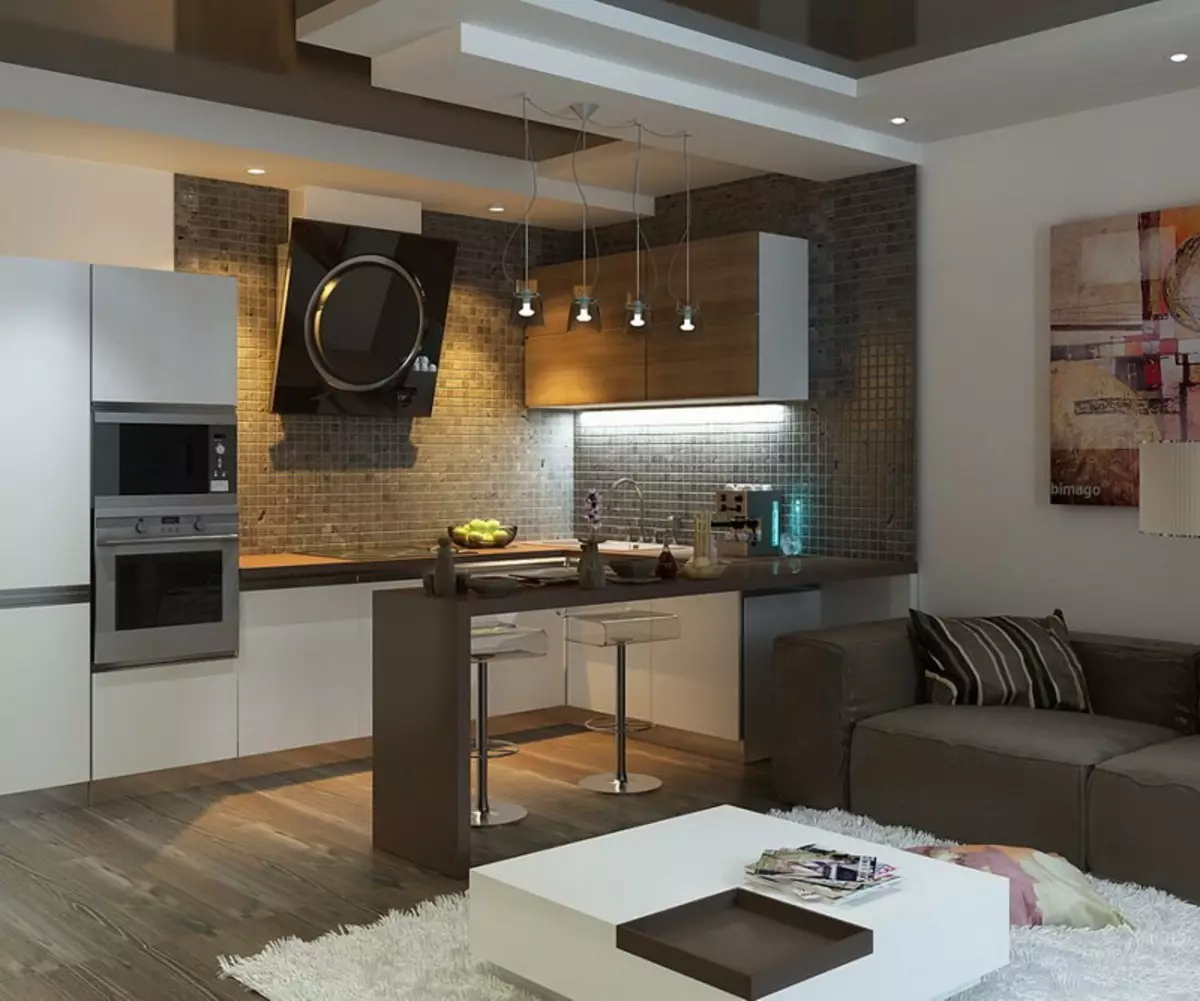 Design kitchen soggiorno 20 metri quadrati. M (75 foto): esempi di progetti con zonizzazione, opzioni interne, sfumature Pianificazione di un soggiorno combinato di cucina con un divano 9508_29