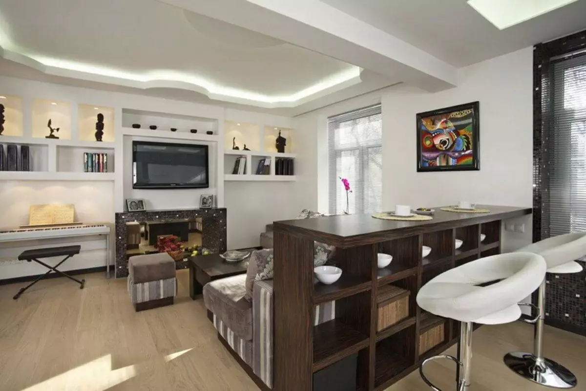 Desain dapur ruang tamu 20 meter persegi. M (75 foto): contoh proyek dengan zonasi, opsi interior, nuansa merencanakan ruang tamu dapur gabungan dengan sofa 9508_32