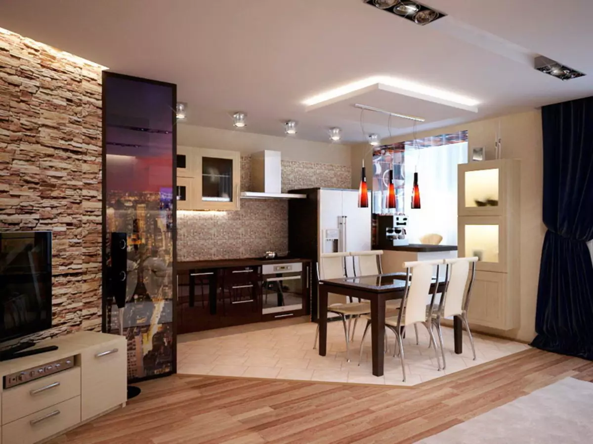 Design kitchen soggiorno 20 metri quadrati. M (75 foto): esempi di progetti con zonizzazione, opzioni interne, sfumature Pianificazione di un soggiorno combinato di cucina con un divano 9508_37