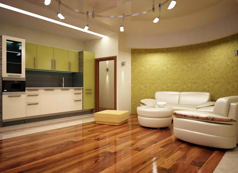 Design kitchen soggiorno 20 metri quadrati. M (75 foto): esempi di progetti con zonizzazione, opzioni interne, sfumature Pianificazione di un soggiorno combinato di cucina con un divano 9508_39