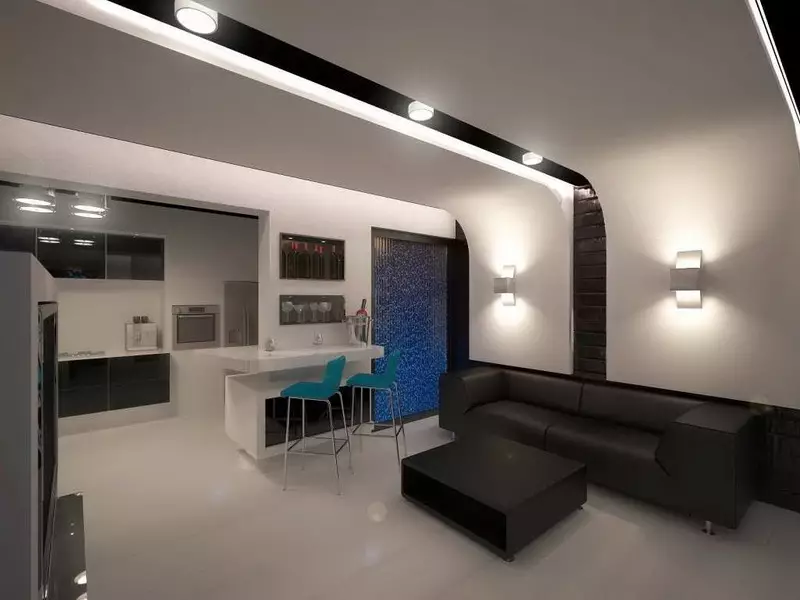 Reka bentuk ruang tamu dapur 20 meter persegi. M (75 foto): Contoh projek dengan zon, pilihan dalaman, nuansa merancang ruang tamu dapur gabungan dengan sofa 9508_57