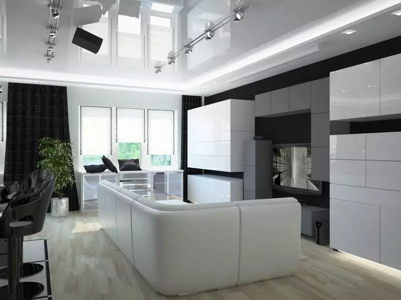 Design kitchen soggiorno 20 metri quadrati. M (75 foto): esempi di progetti con zonizzazione, opzioni interne, sfumature Pianificazione di un soggiorno combinato di cucina con un divano 9508_58