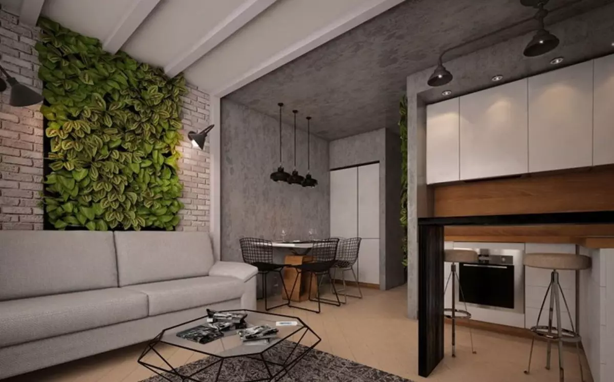 Design kitchen soggiorno 20 metri quadrati. M (75 foto): esempi di progetti con zonizzazione, opzioni interne, sfumature Pianificazione di un soggiorno combinato di cucina con un divano 9508_66