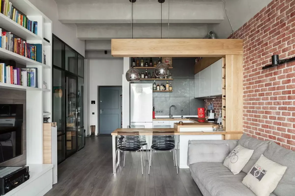 Design kitchen soggiorno 20 metri quadrati. M (75 foto): esempi di progetti con zonizzazione, opzioni interne, sfumature Pianificazione di un soggiorno combinato di cucina con un divano 9508_67