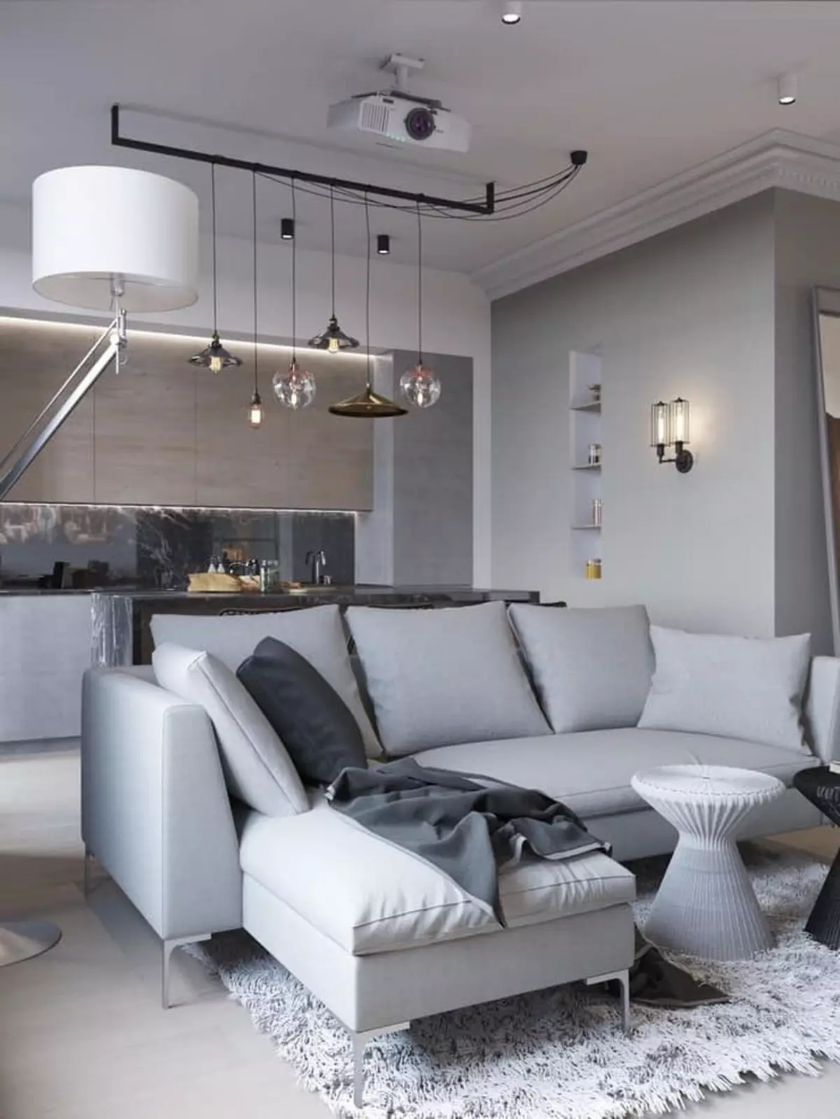 Design kitchen soggiorno 20 metri quadrati. M (75 foto): esempi di progetti con zonizzazione, opzioni interne, sfumature Pianificazione di un soggiorno combinato di cucina con un divano 9508_7