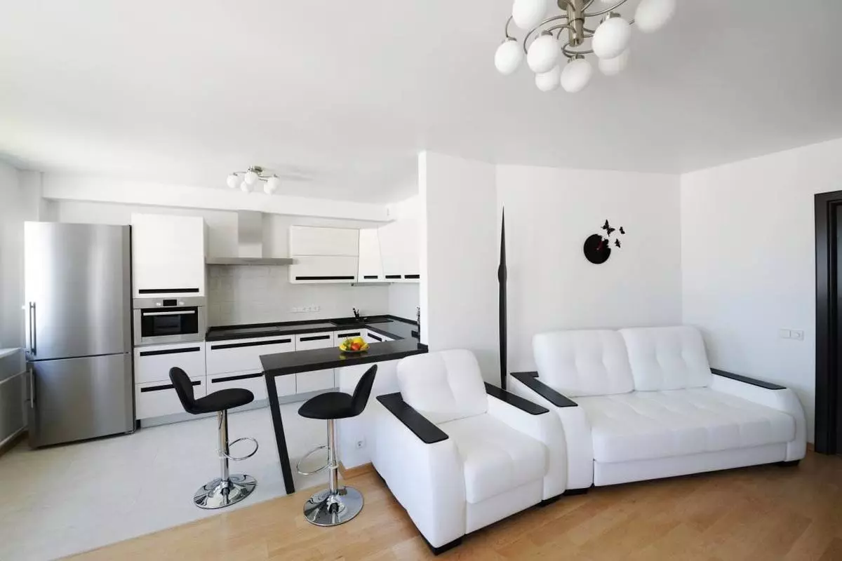 Design kitchen soggiorno 20 metri quadrati. M (75 foto): esempi di progetti con zonizzazione, opzioni interne, sfumature Pianificazione di un soggiorno combinato di cucina con un divano 9508_71