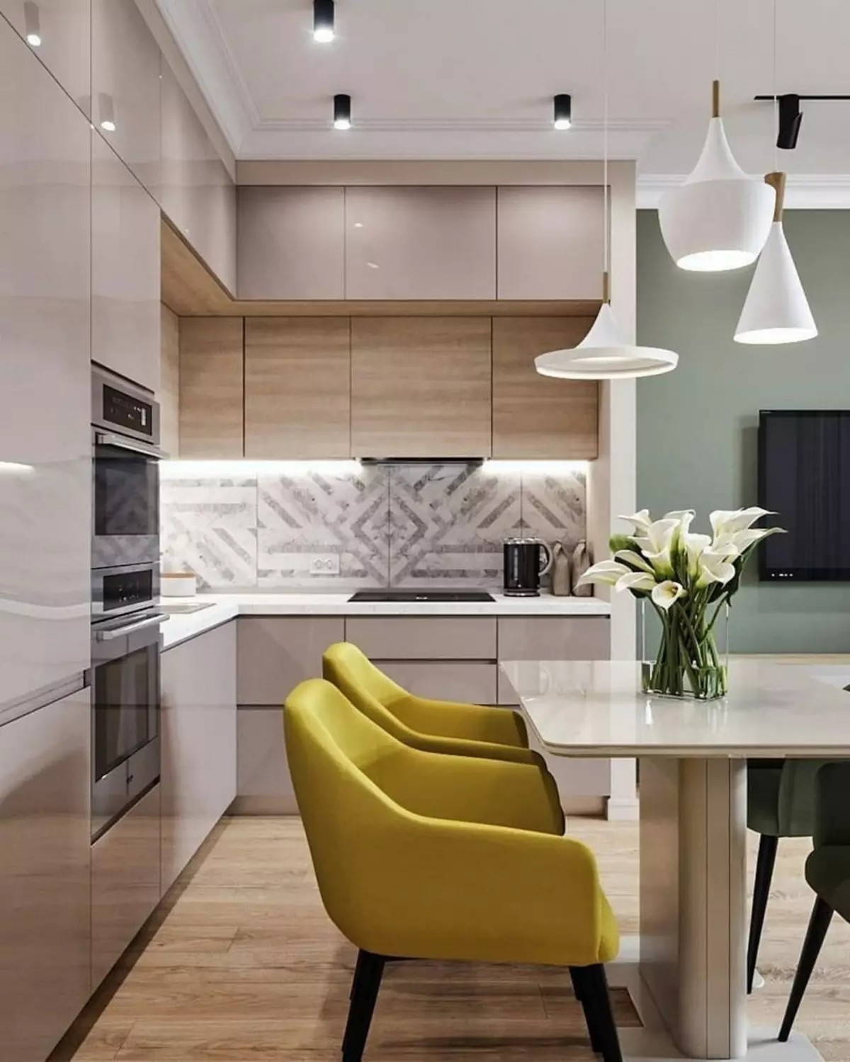 Tasarım mutfak salonu 20 metrekare. M (75 Fotoğraf): İmar ile projeler, iç seçenek, nüanslar bir kombine mutfak oturma odası ile kanepe ile örnekleri 9508_8