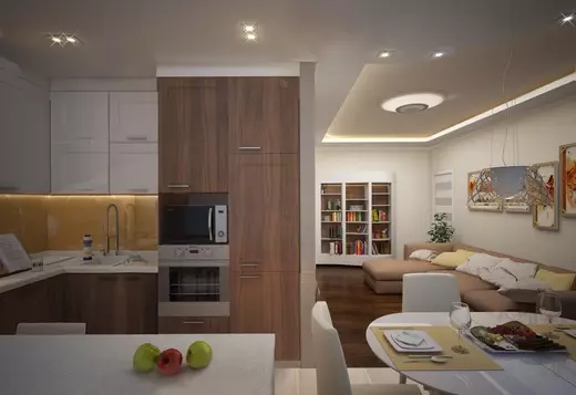 Phòng khách bếp ở Khrushchev (75 ảnh): Thiết kế nội thất phòng kết hợp, kết hợp bếp nhỏ có phòng trong căn hộ 9512_12