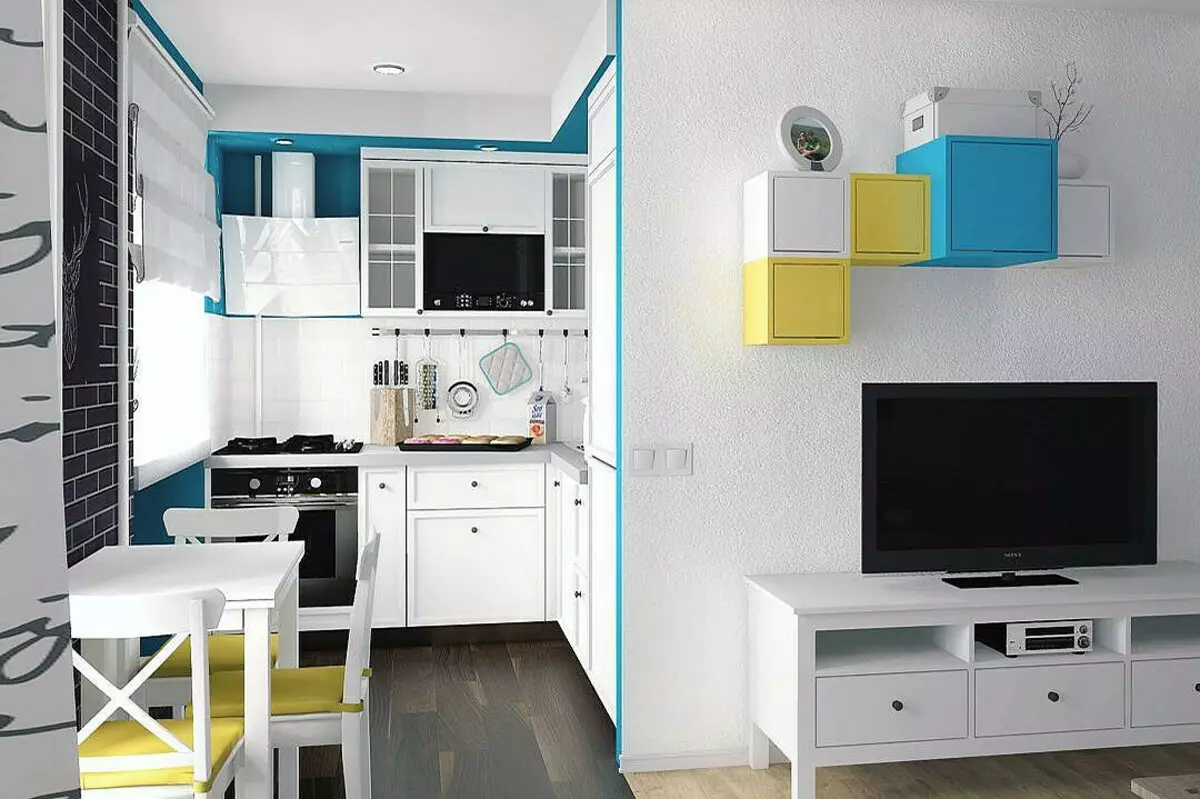 Κουζίνα-σαλόνι στο Χρουστσόφ (75 φωτογραφίες): εσωτερικός σχεδιασμός συνδυασμένων δωματίων, συνδυάζοντας μικρή κουζίνα με χώρο στο διαμέρισμα 9512_28