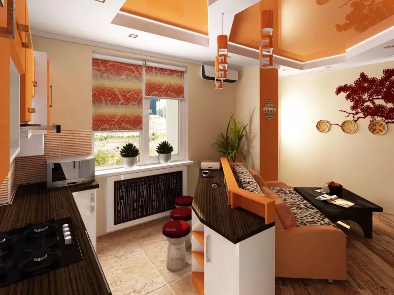 Dhomë kuzhine në Khrushov (75 foto): Dizajn i brendshëm i dhomave të kombinuara, duke kombinuar kuzhinë të vogël me dhomë në apartament 9512_35
