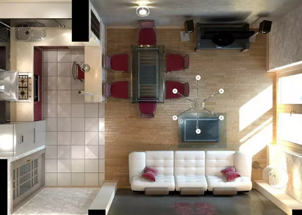 Kuhinja dnevni boravak u Hruščov (75 fotografija): Unutarnji dizajn kombiniranih soba, kombiniranje male kuhinje s sobom u apartmanu 9512_51
