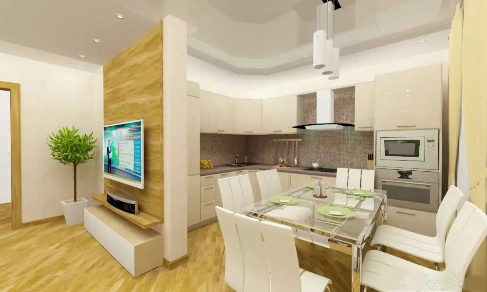 ख्रुश्चेव में रसोई-बैठक कक्ष (75 फोटो): संयुक्त कमरे के आंतरिक डिजाइन, अपार्टमेंट में कमरे के साथ छोटे रसोई का संयोजन 9512_8