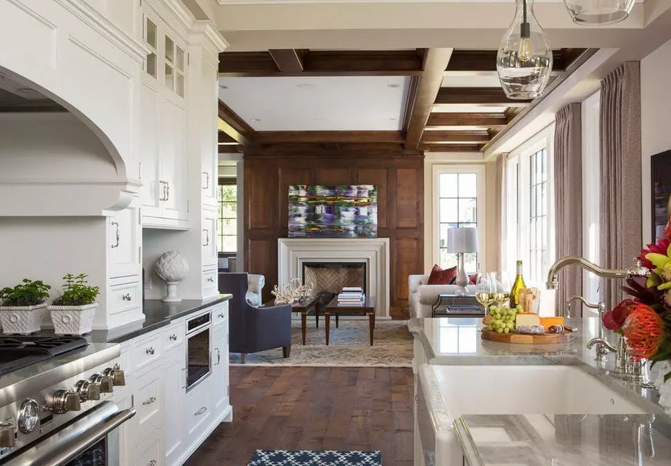 El interior de la cocina-salón en una casa privada (102 fotos): Diseño de habitaciones combinadas con acceso a la terraza, planificación de proyectos y espacio de zonificación. ¿Cómo organizar una sala de estar en una casa de campo? 9513_58