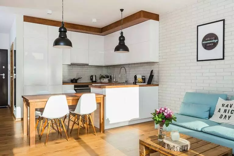 Design Kitchen woonkamer (152 foto's): interieur van gecombineerde kamers in het appartement, voorbeelden van keukenprojecten, gecombineerd met de hal, ontwerpopties 9515_101