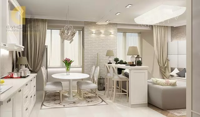 Thiết kế phòng khách nhà bếp (152 hình ảnh): Nội thất của các phòng kết hợp trong căn hộ, ví dụ về các dự án nhà bếp, kết hợp với hội trường, tùy chọn thiết kế 9515_11