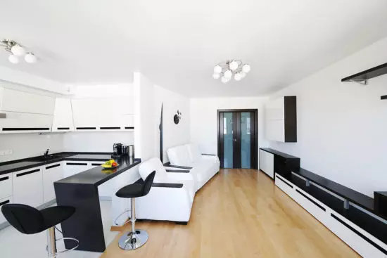 Design kök vardagsrum (152 foton): inredning av kombinerade rum i lägenheten, exempel på köksprojekt, kombinerat med hallen, designalternativ 9515_117