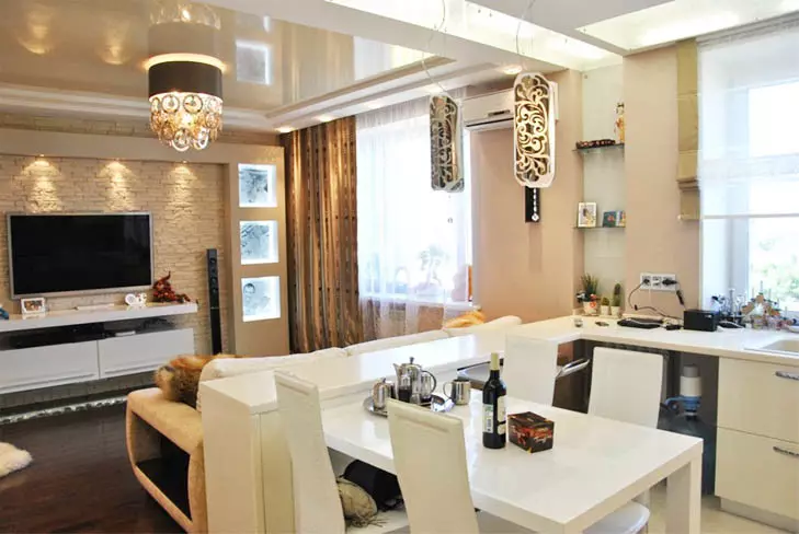 Design Kitchen Salon (152 zdjęcia): Wnętrze kombinowanych pokoi w mieszkaniu, przykłady projektów kuchni, w połączeniu z halą, opcje projektowania 9515_140