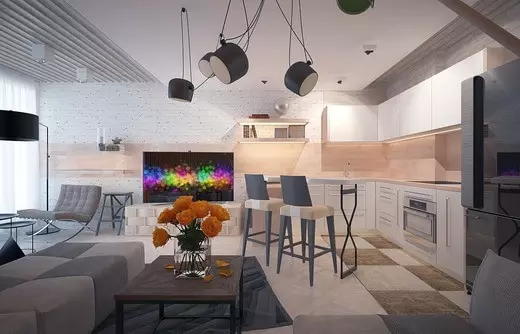 Tervező konyha nappali (152 fotók): A kombinált szobák belseje a lakásban, példák a konyhai projektekre, kombinálva a teremmel, tervezési lehetőségek 9515_141