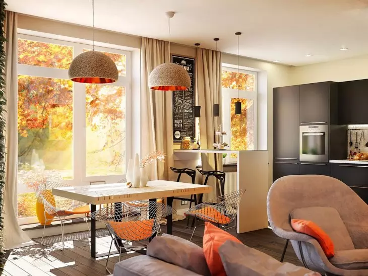 Design kök vardagsrum (152 foton): inredning av kombinerade rum i lägenheten, exempel på köksprojekt, kombinerat med hallen, designalternativ 9515_145