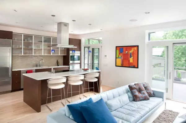 Design Kitchen Stue (152 bilder): Interiør i kombinerte rom i leiligheten, eksempler på kjøkkenprosjekter, kombinert med hall, designalternativer 9515_147