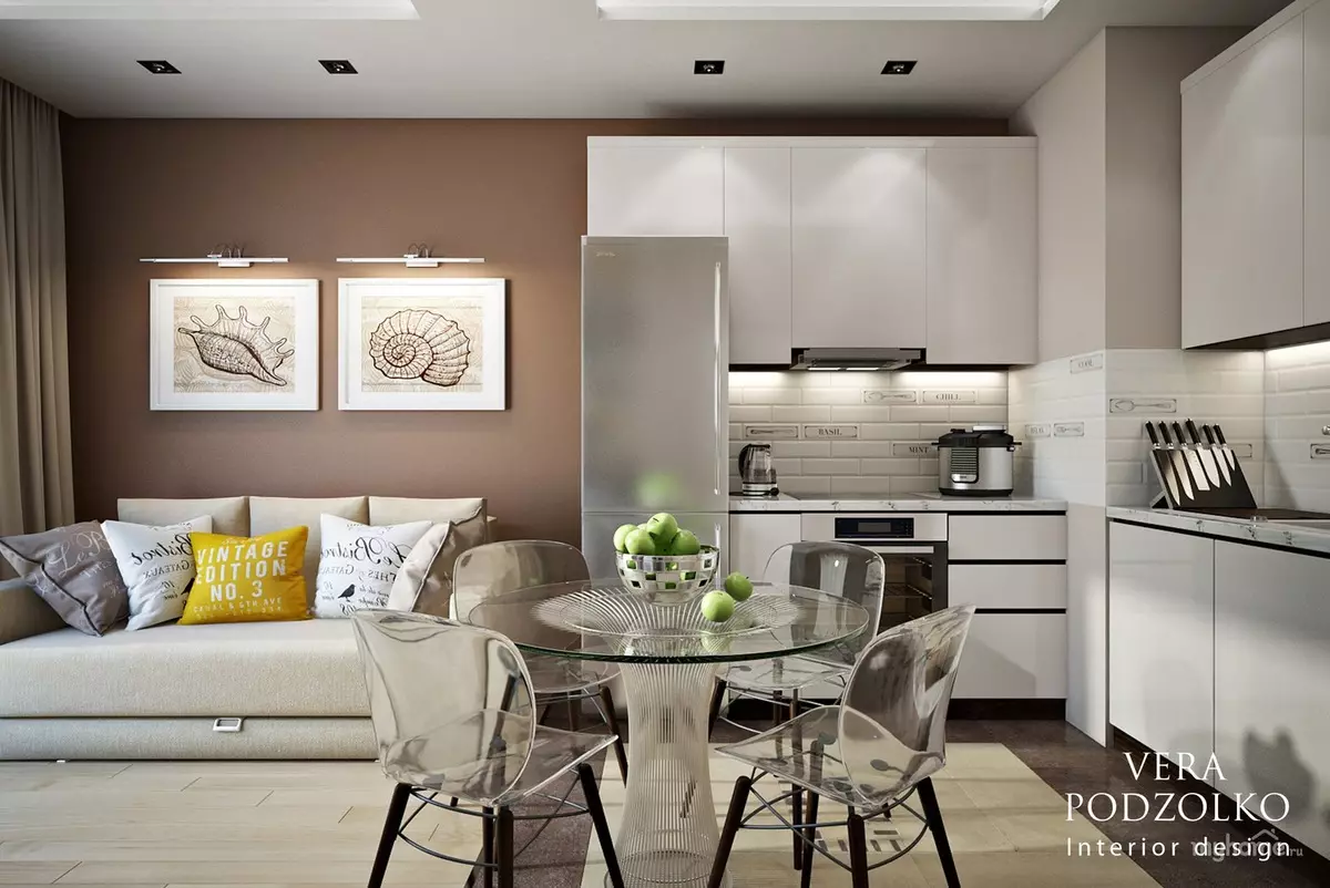 Дизајн Кујна дневна соба (152 фотографии): Внатрешни работи на комбинирани соби во станот, примери на кујнски проекти, во комбинација со салата, опции за дизајн 9515_149