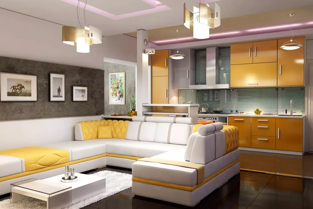 Dizajn Kuhinja dnevni boravak (152 fotografije): unutrašnjost kombinovanih soba u stanu, primjeri kuhinjskih projekata, u kombinaciji sa hodnikom, opcijama dizajna 9515_16