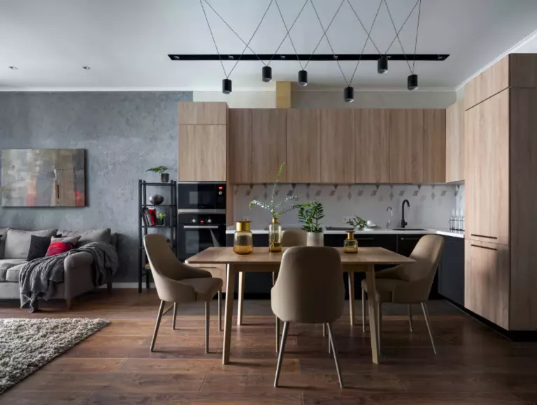 Tervező konyha nappali (152 fotók): A kombinált szobák belseje a lakásban, példák a konyhai projektekre, kombinálva a teremmel, tervezési lehetőségek 9515_17