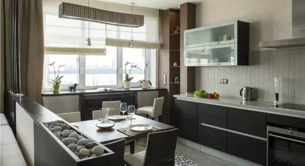 Design kök vardagsrum (152 foton): inredning av kombinerade rum i lägenheten, exempel på köksprojekt, kombinerat med hallen, designalternativ 9515_21