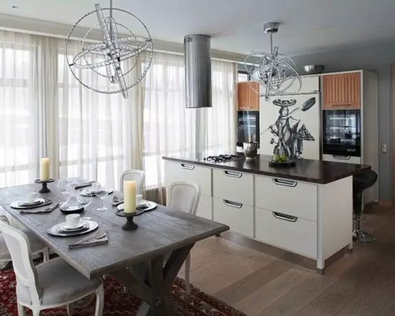 Design Køkken Stue (152 billeder): Interiør af kombinerede værelser i lejligheden, eksempler på køkkenprojekter, kombineret med hallen, design muligheder 9515_24