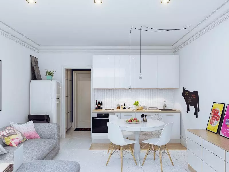 Дизајн Кујна дневна соба (152 фотографии): Внатрешни работи на комбинирани соби во станот, примери на кујнски проекти, во комбинација со салата, опции за дизајн 9515_26