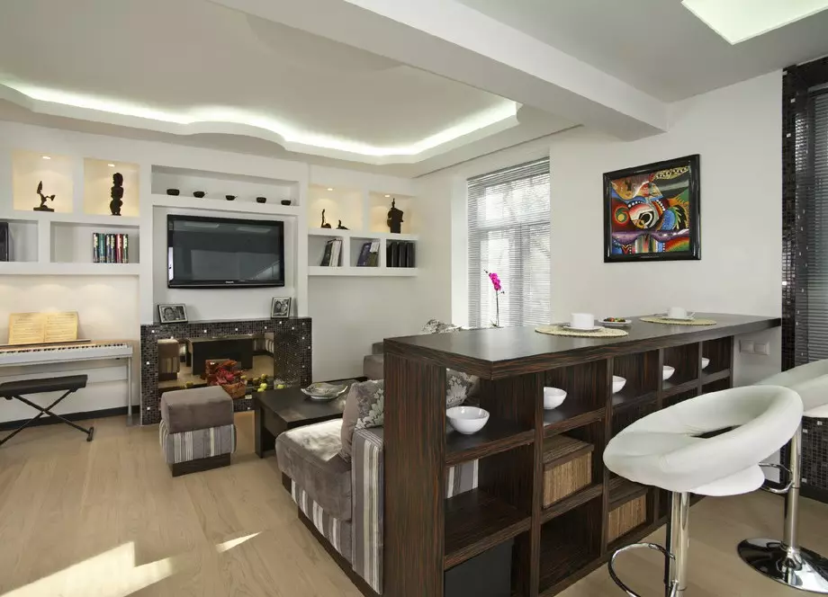 Design Kitchen woonkamer (152 foto's): interieur van gecombineerde kamers in het appartement, voorbeelden van keukenprojecten, gecombineerd met de hal, ontwerpopties 9515_29