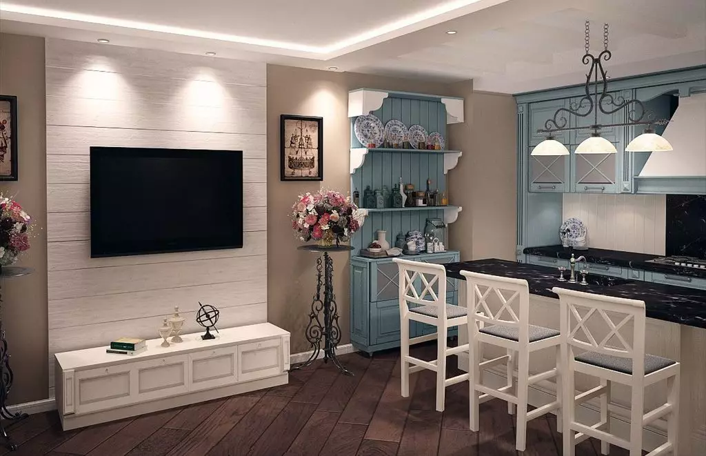 Σχεδιασμός σαλόνι κουζίνας (152 φωτογραφίες): Εσωτερικό των συνδυασμένων δωματίων στο διαμέρισμα, παραδείγματα έργων κουζίνας, σε συνδυασμό με την αίθουσα, επιλογές σχεδιασμού 9515_31