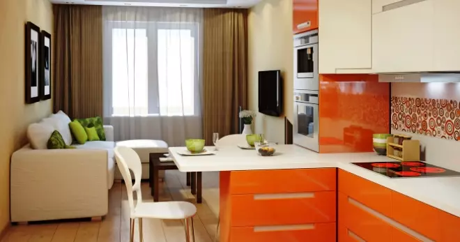 Design Kitchen Stue (152 bilder): Interiør i kombinerte rom i leiligheten, eksempler på kjøkkenprosjekter, kombinert med hall, designalternativer 9515_34